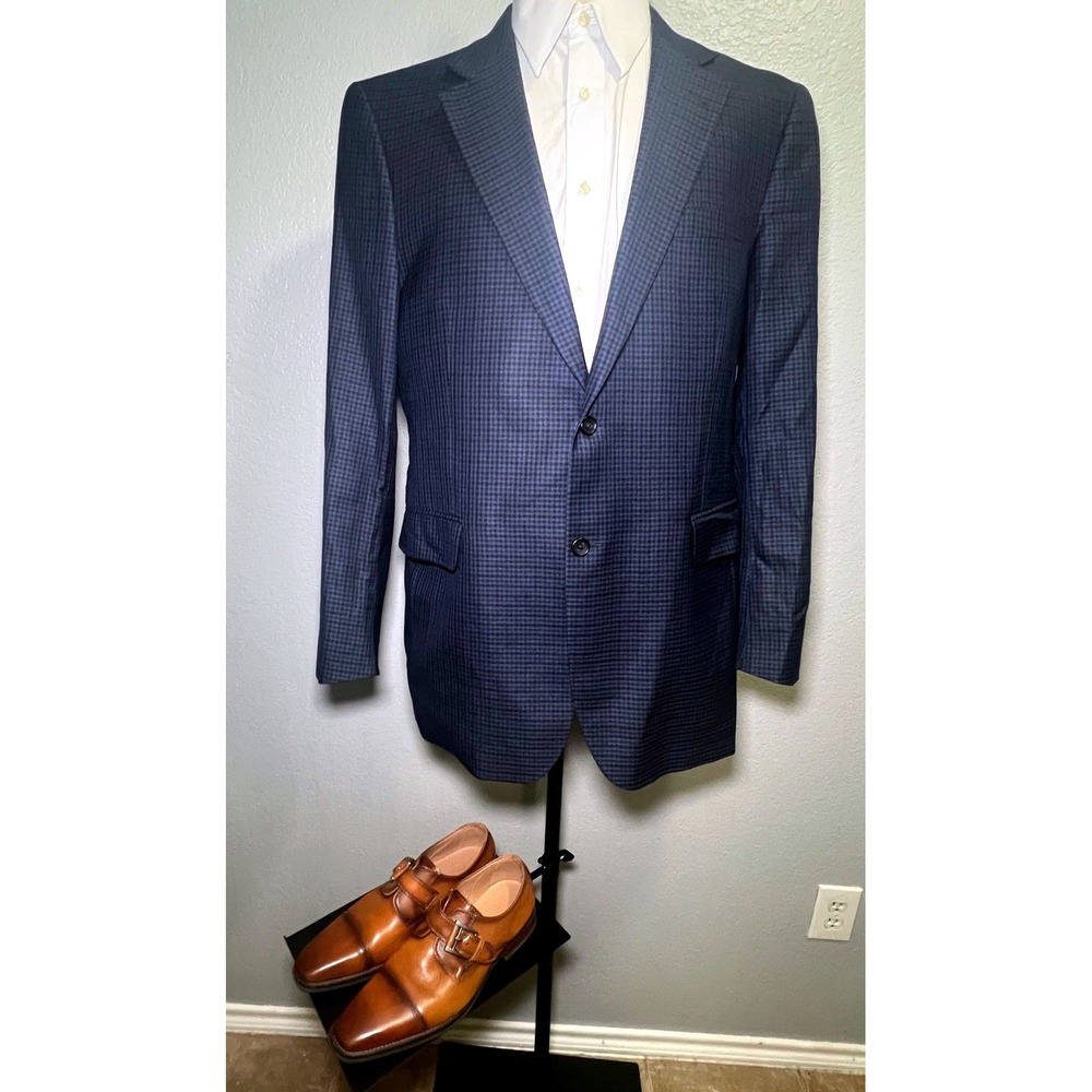 Jos A Bank Signature Collection Blazer 42L Navy Blue Silk Wool Houndstooth 01216